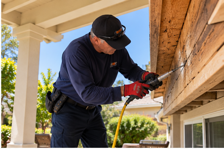 Tiger Termite technician treating termite-damaged wood under a home's eave