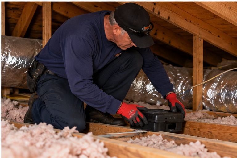 Tiger Termite technician placing a rodent bait station in an attic