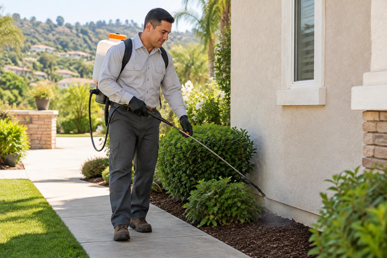 Pest control technician applying a targeted exterior treatment along a Chino Hills home