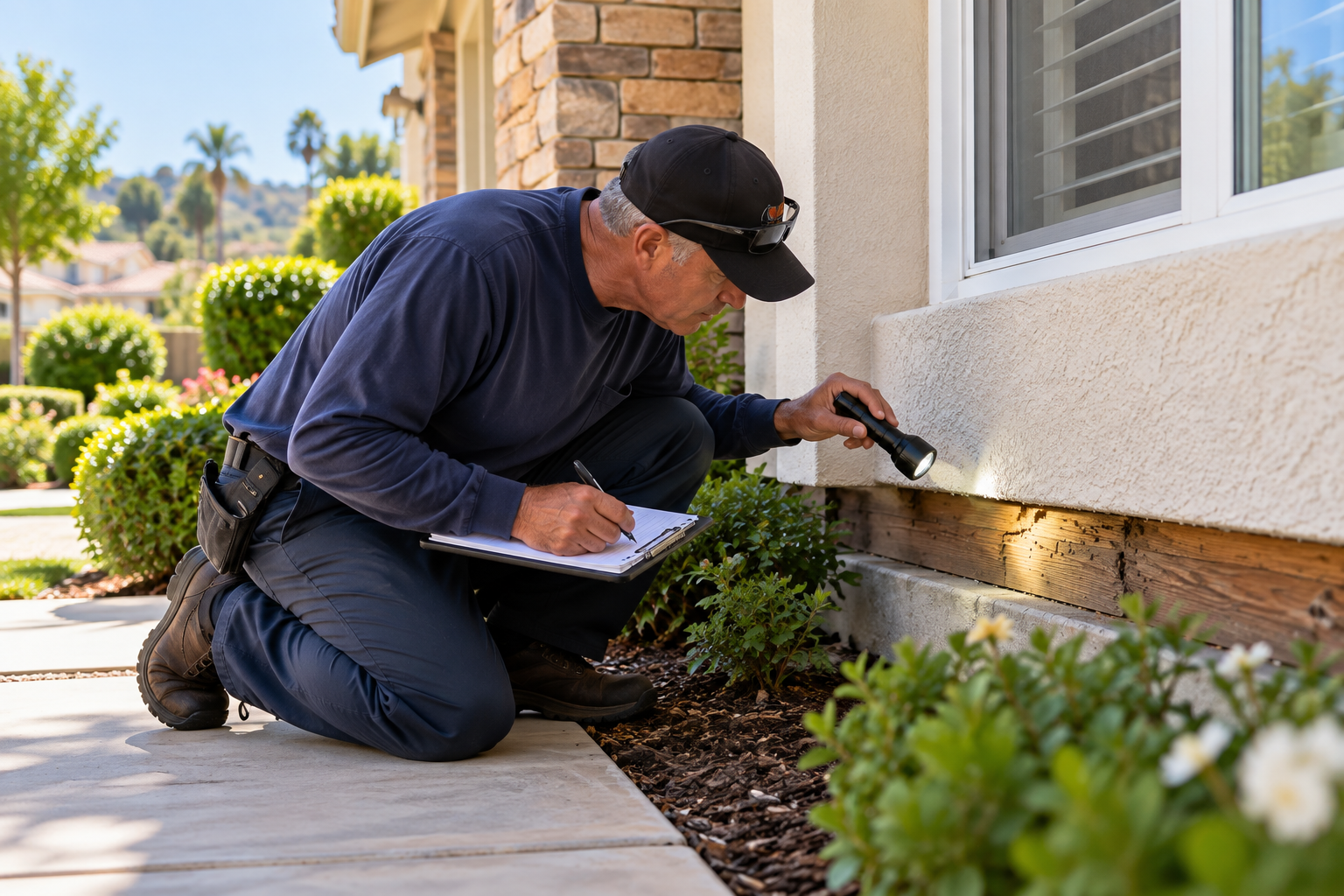 Tiger Termite technician inspecting a home's foundation for termite damage