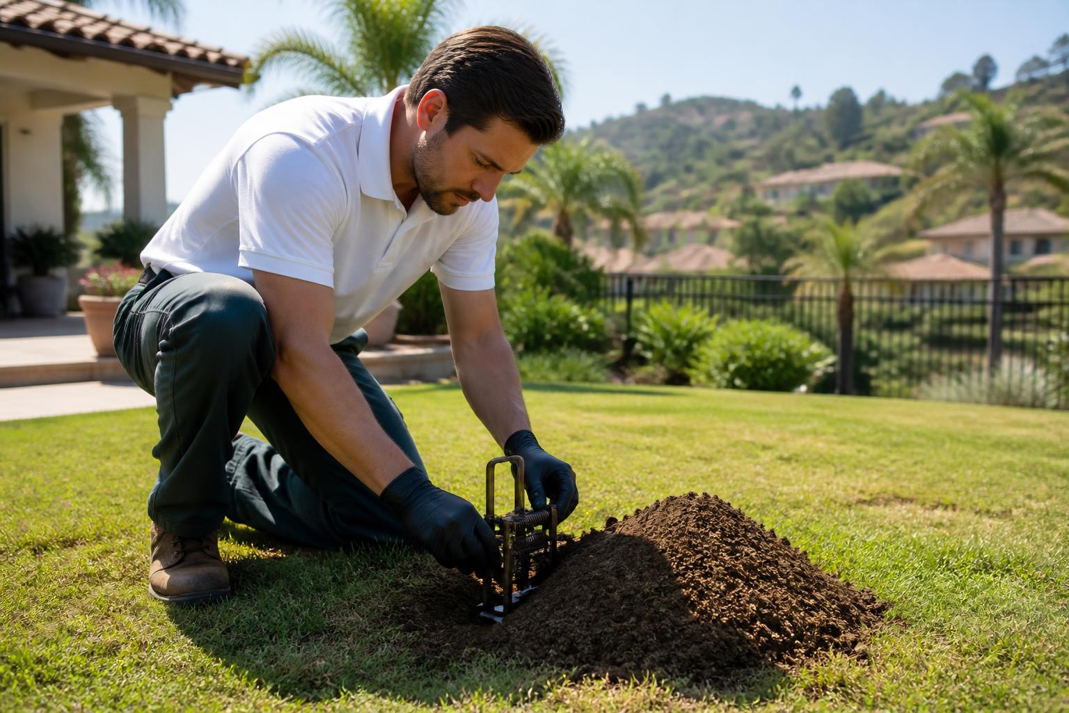 Tiger Termite Control technician setting a gopher trap at a fresh mound in a Chino Hills backyard