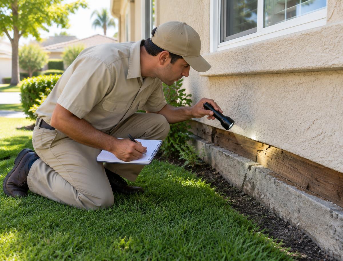 Tiger Termite technician inspecting a home's foundation for termite damage
