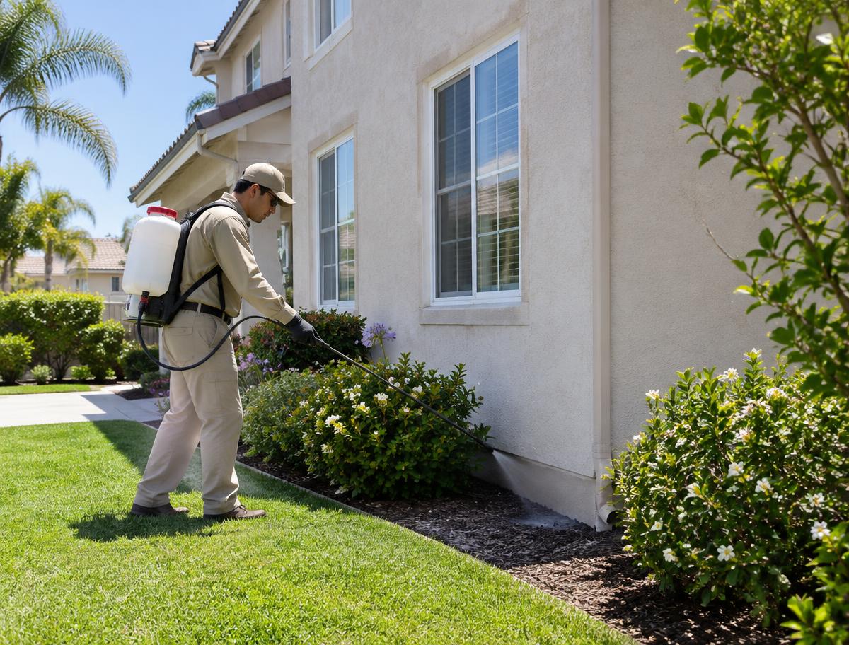 Tiger Termite technician spraying a home's exterior perimeter for general pests