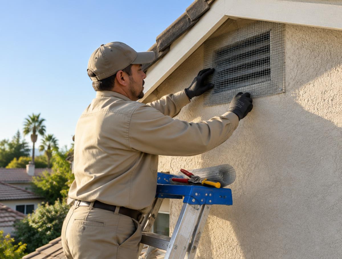 Tiger Termite technician sealing a roof vent with mesh to keep rodents out