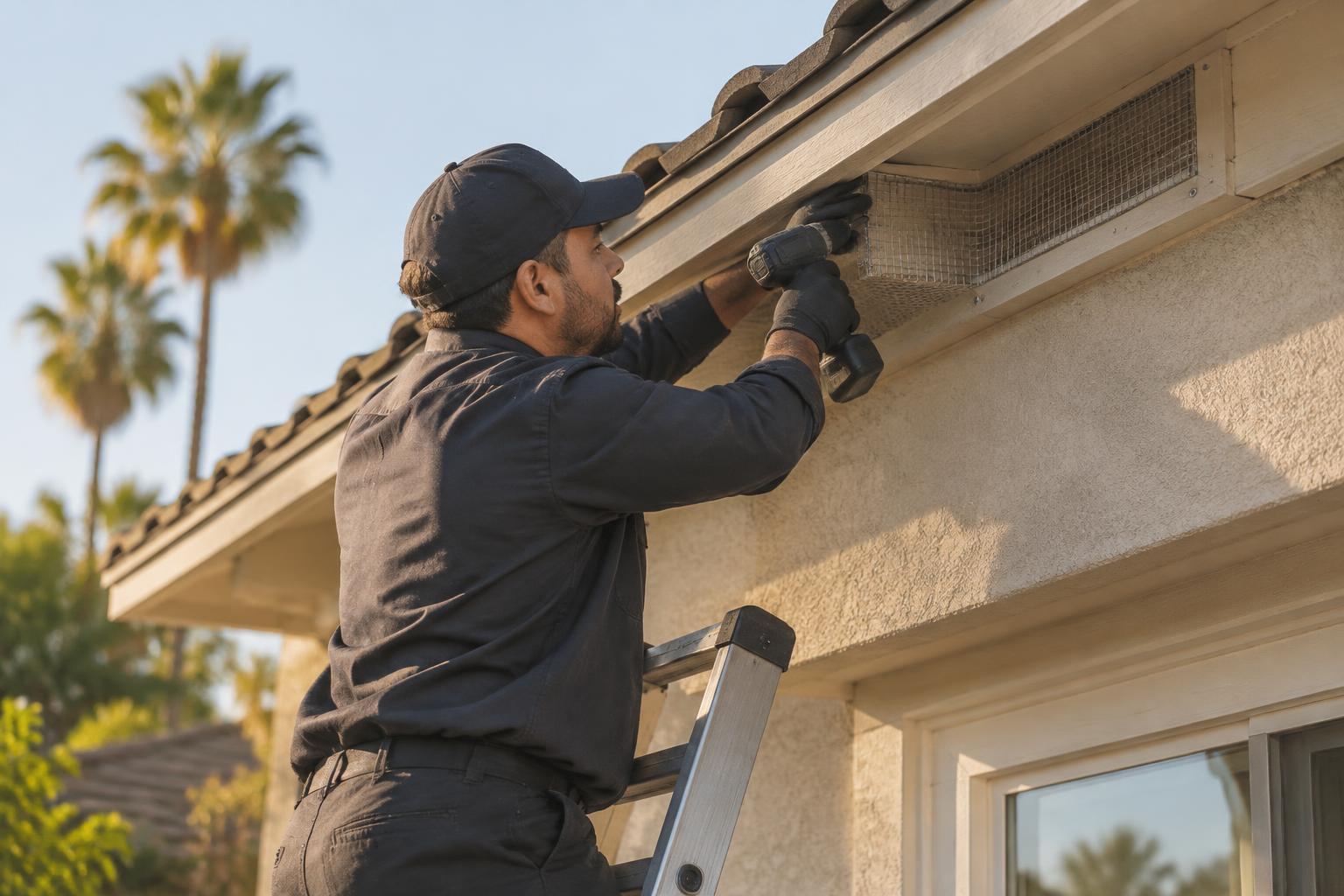 Tiger Termite Control technician sealing an exterior eave and roof vent against rodents